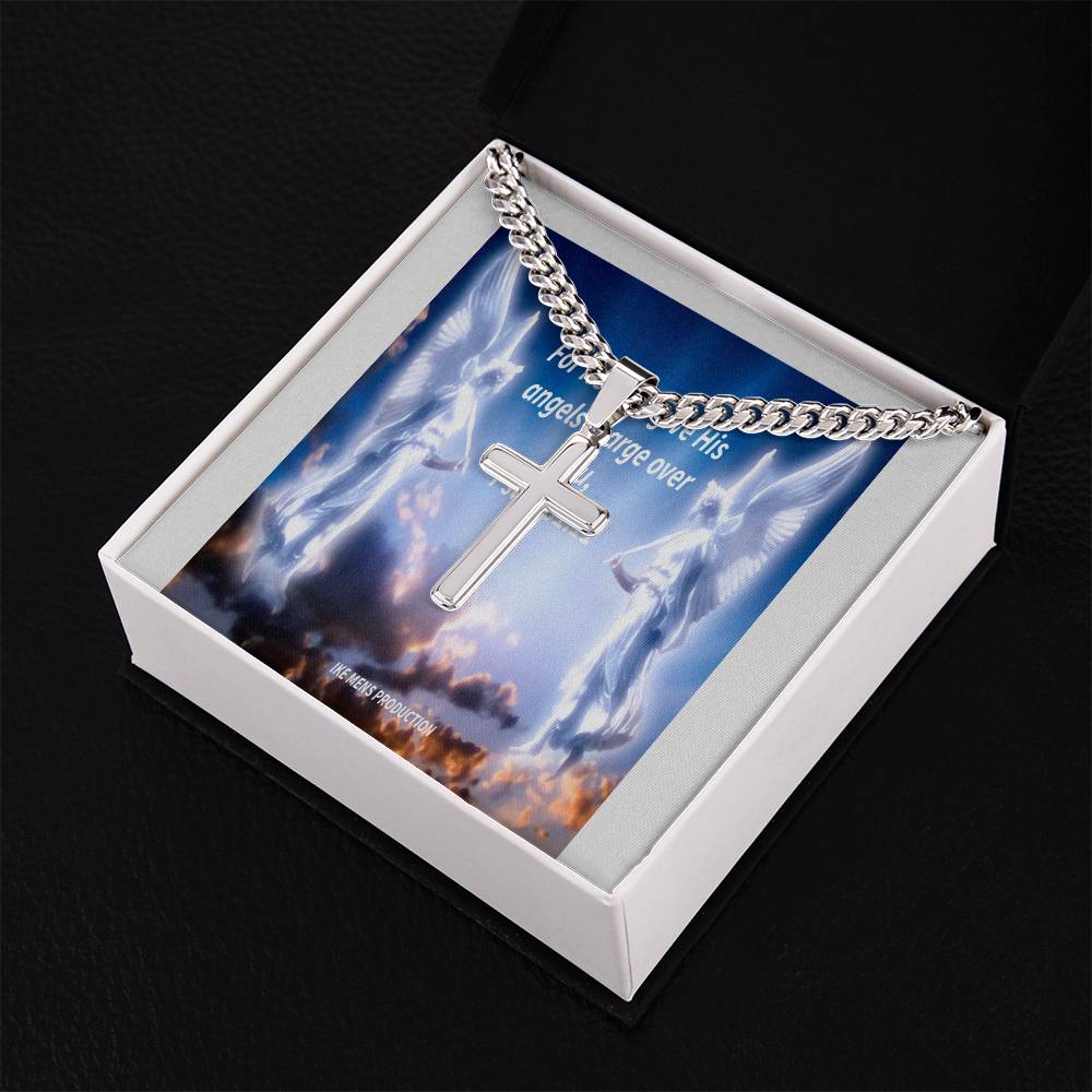 Psalm 91:11 Personalized Steel Cross Necklace on Cuban Chain w/ MC