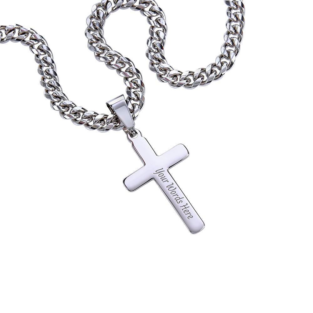 Psalm 91:11 Personalized Steel Cross Necklace on Cuban Chain w/ MC