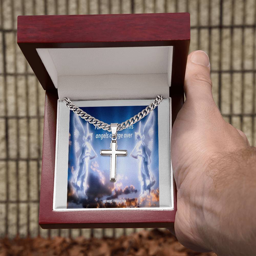 Psalm 91:11 Personalized Steel Cross Necklace on Cuban Chain w/ MC