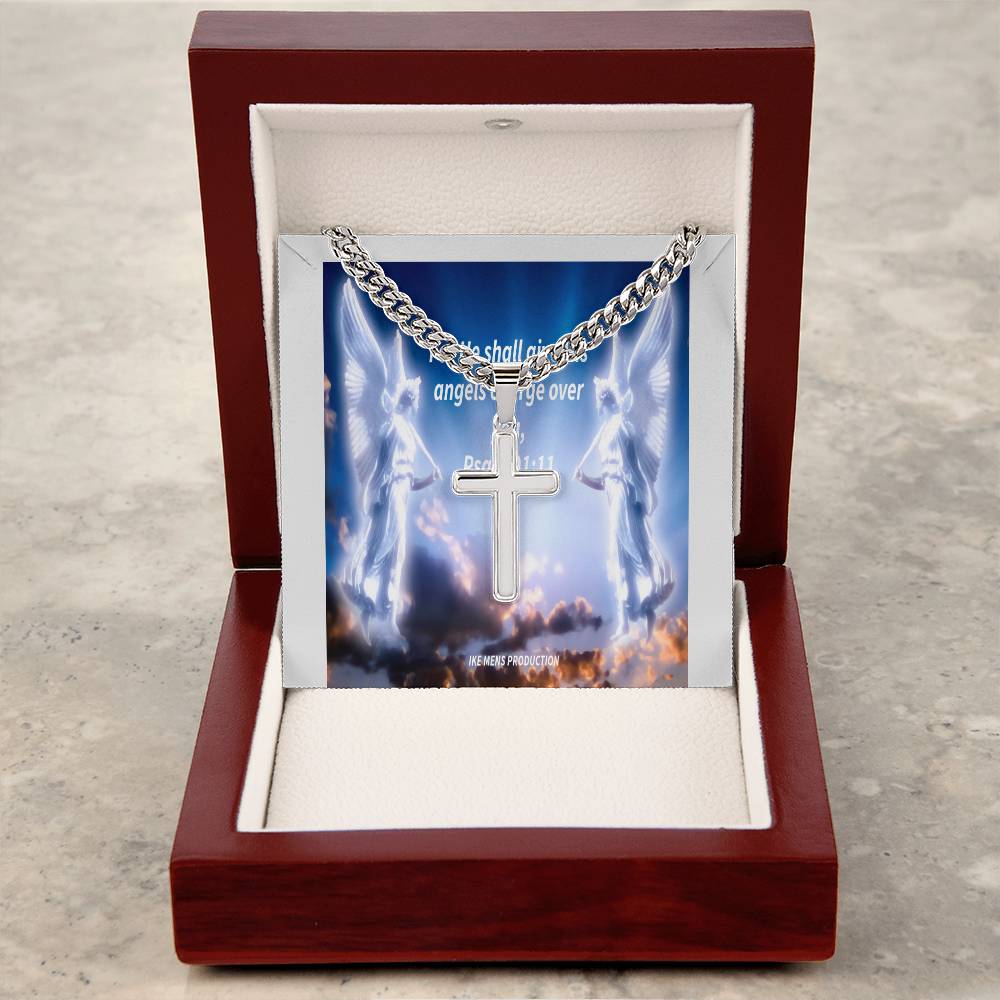 Psalm 91:11 Personalized Steel Cross Necklace on Cuban Chain w/ MC