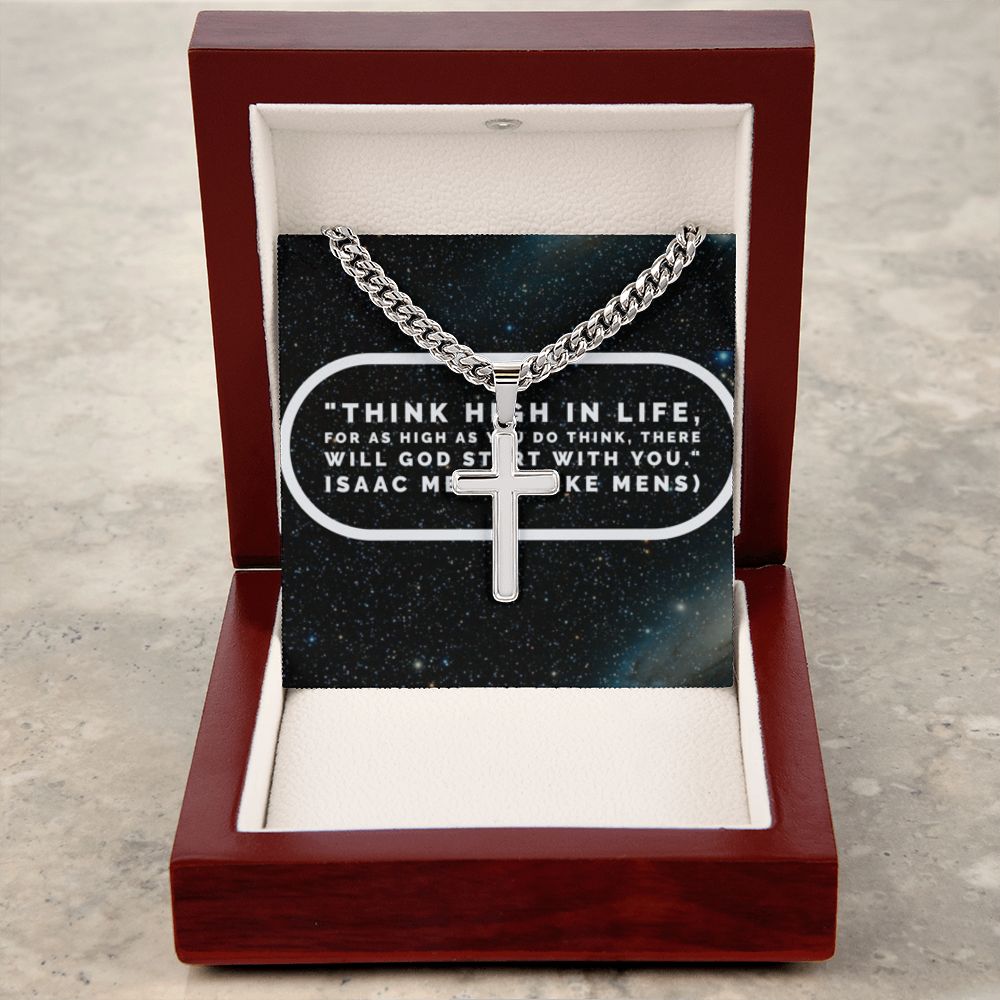IKE MENS Quote Artisan Cross Necklace on Cuban Chain