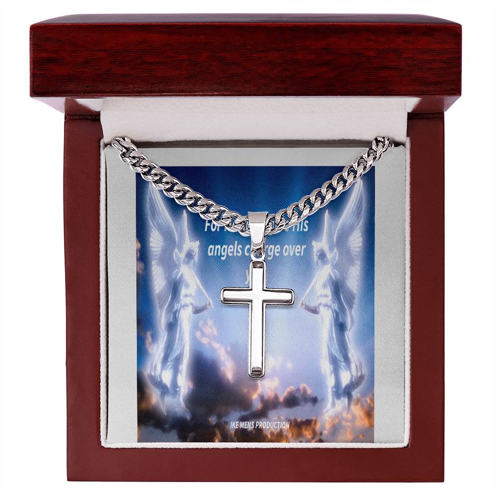 Psalm 91:11 Personalized Steel Cross Necklace on Cuban Chain w/ MC