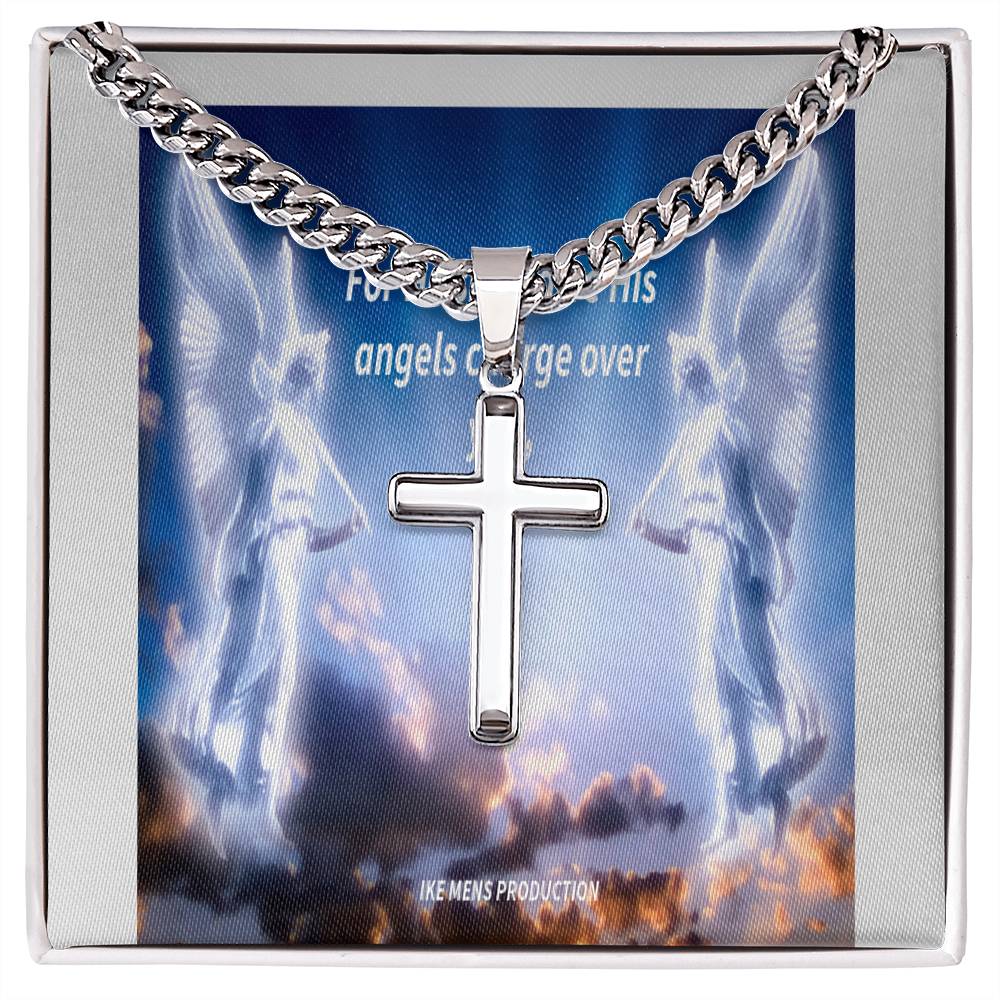 Psalm 91:11 Personalized Steel Cross Necklace on Cuban Chain w/ MCTwo Tone Box