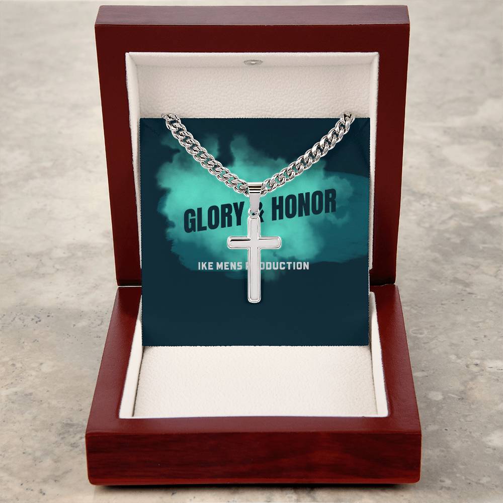 GLORY AND HONOR Artisan Cross Necklace on Cuban Chain