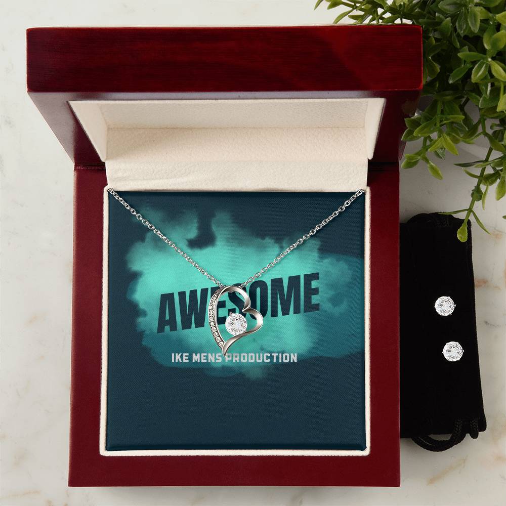 AWESOME Forever Love Necklace + Clear CZ Earrings