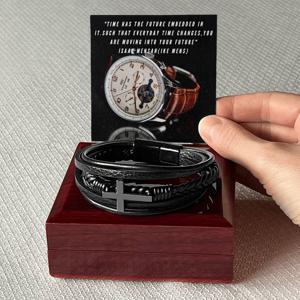 IKE MENS QUOTE MENS CROSS LEATHER BRACELET