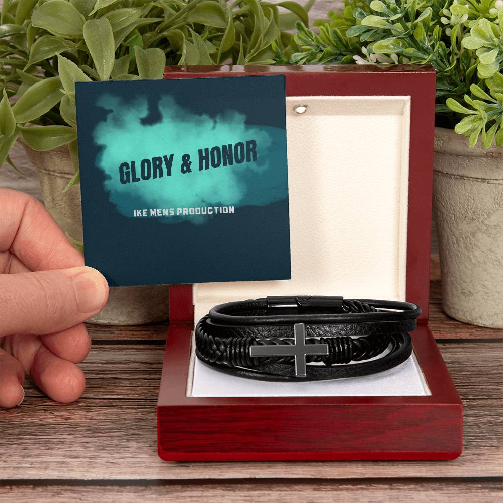 GLORY & HONOR Men's Cross Leather Bracelet