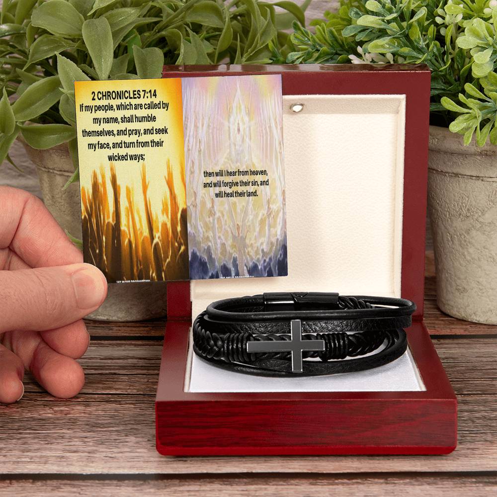 IKE MENS SCRIPTURE COLLAGE MEN'S CROSS LEATHER BRACELET