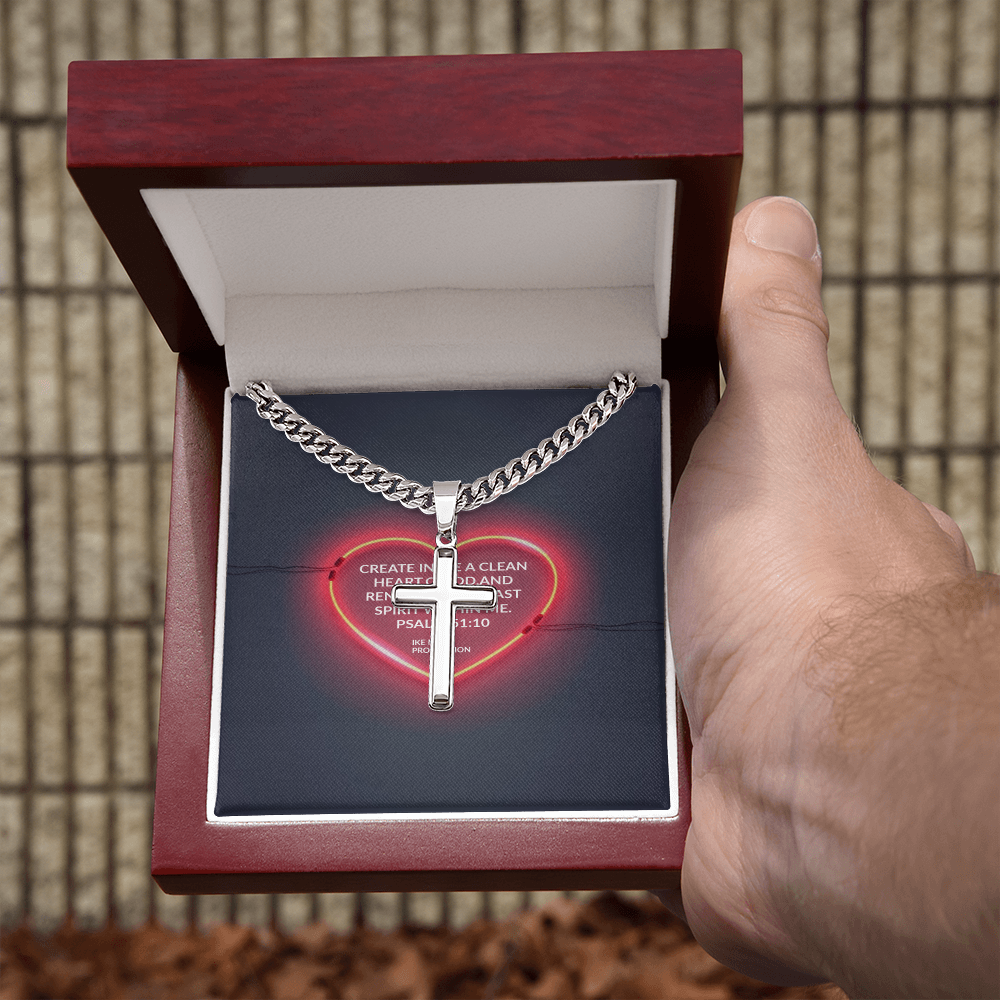 PSALM 51:10 Artisan Cross with Cuban Link Chain