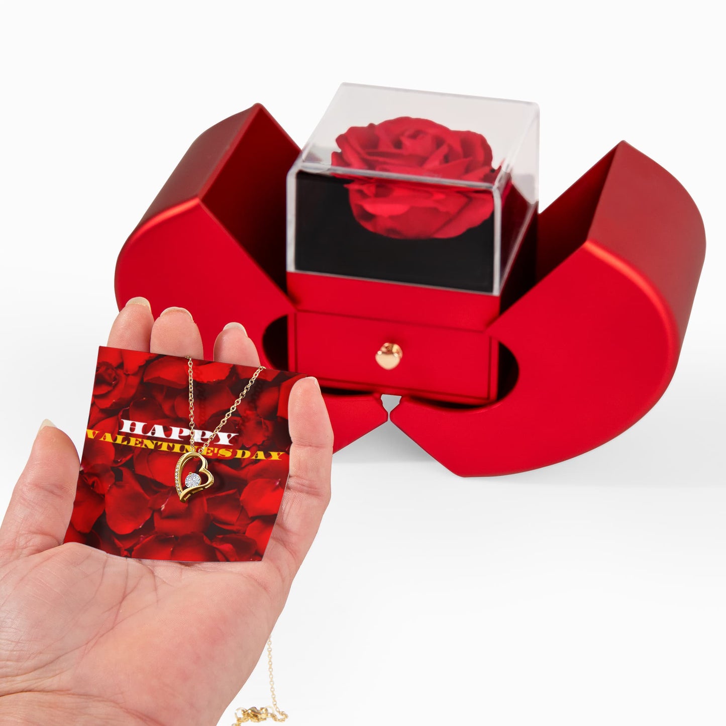 Happy Valentine's Day Forever Love Necklace with Red Heart Rose Box