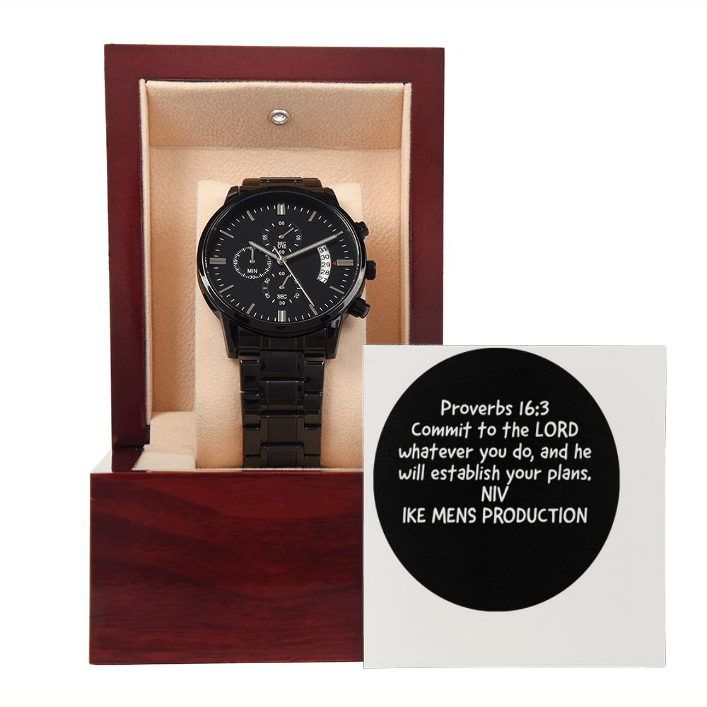 BLACK CHRONOGRAPH WATCH WITH PROVERBS