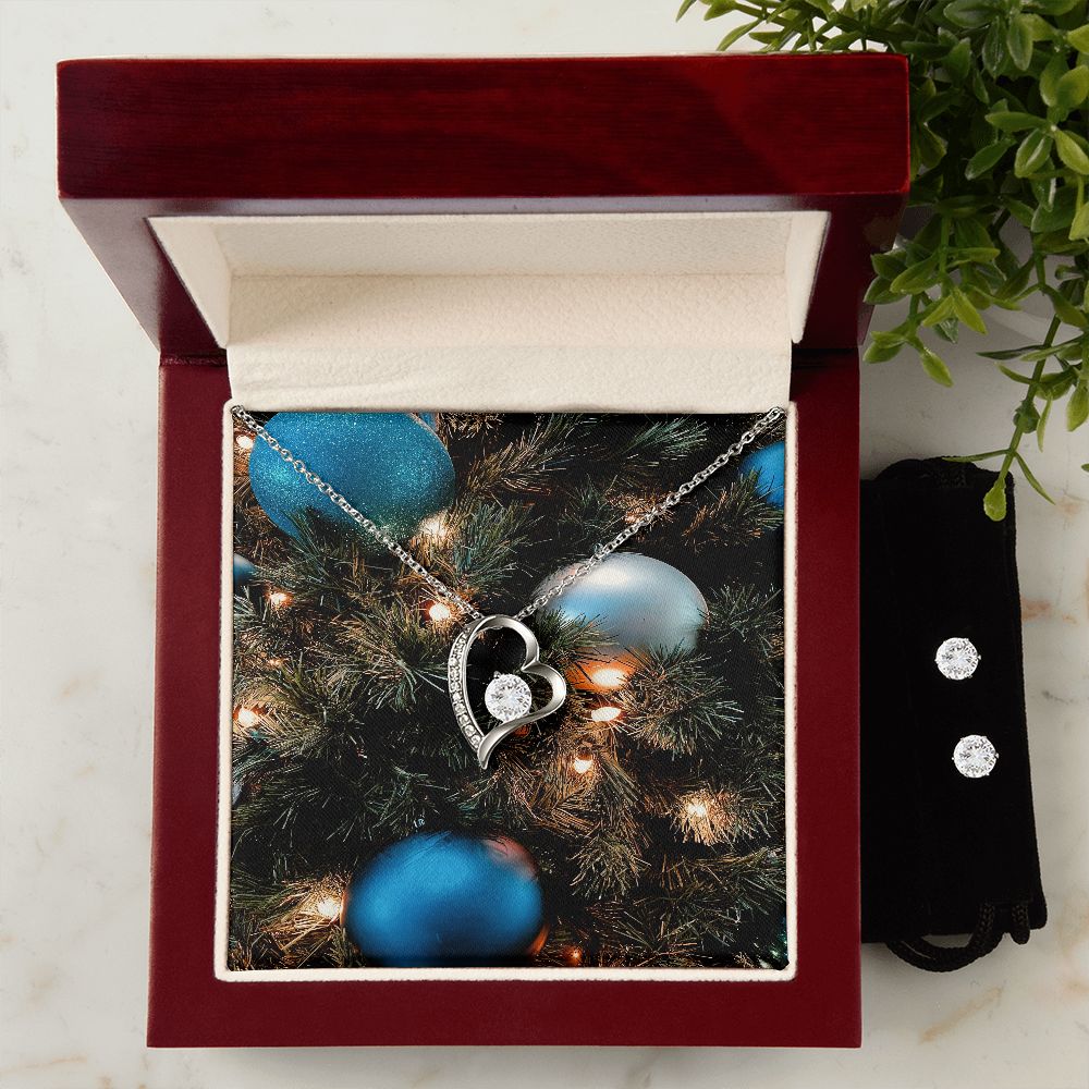 Merry Christmas Forever Love Necklace + Clear CZ Earrings