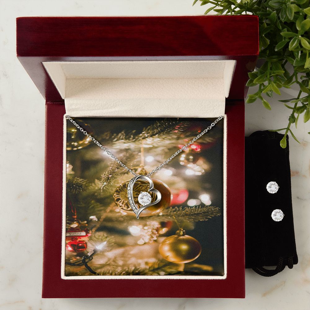 Merry Christmas Forever Love Necklace + Clear CZ Earring