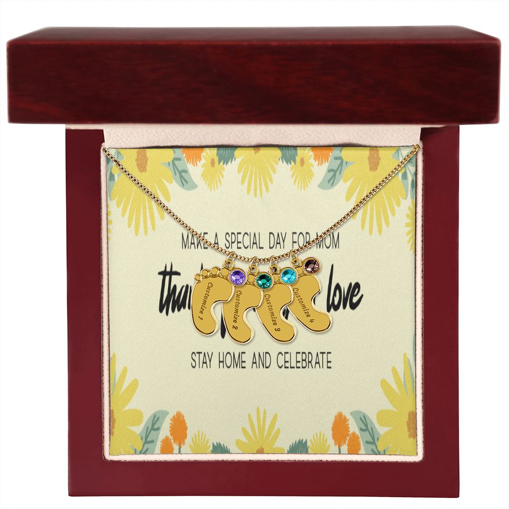 Happy Mother's Day Engraved Baby Feet and Birthstones Necklace