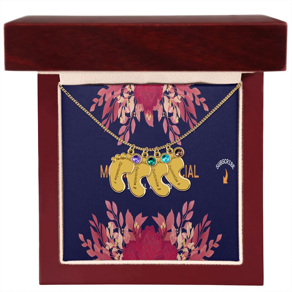 Happy Mother's Day Engraved Baby Feet and Birthstones Necklace