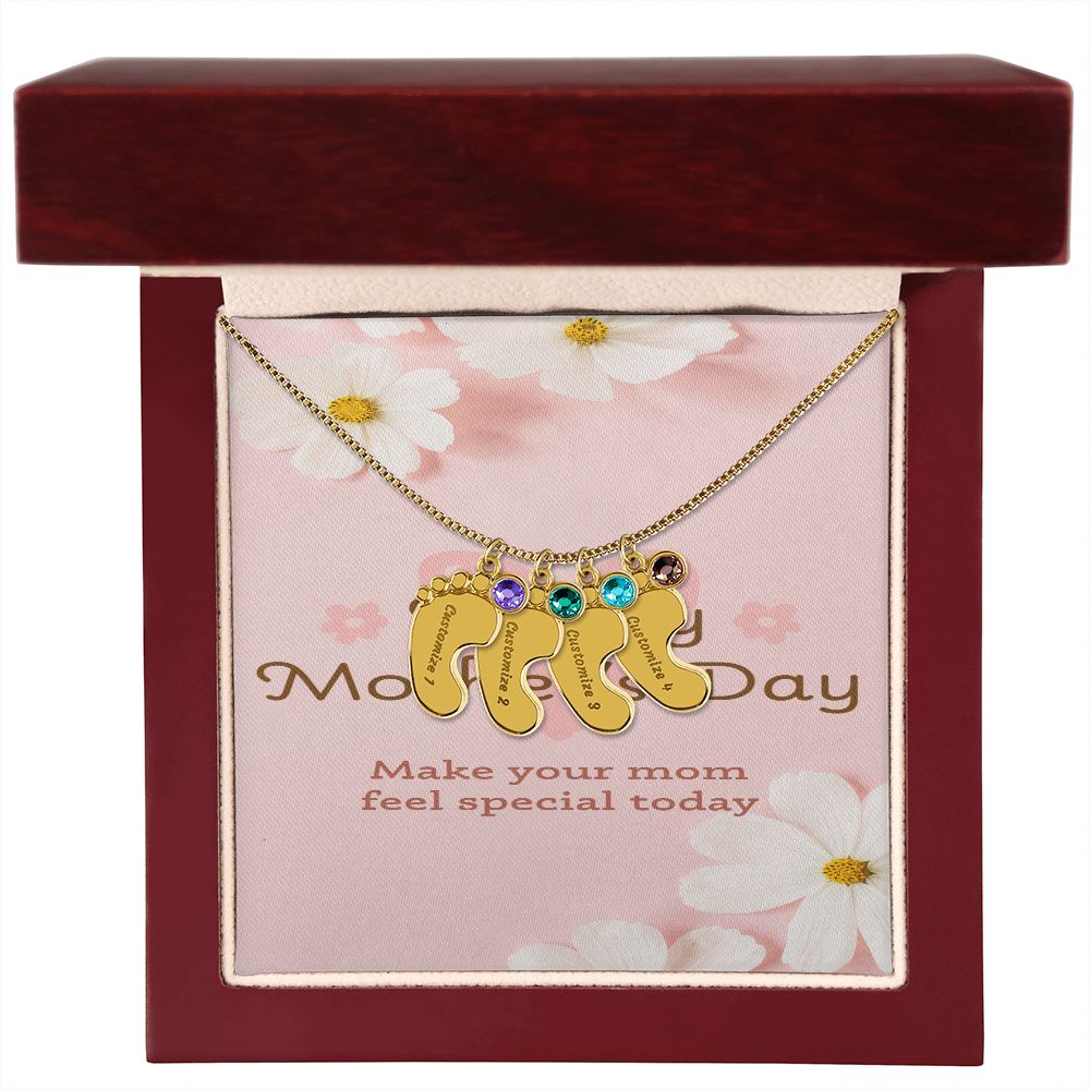 Happy Mother's Day Engraved Baby Feet and Birthstones Necklace