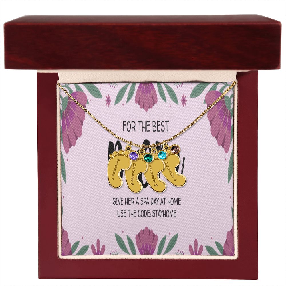 Happy Mother's Day Engraved Baby Feet and Birthstones Necklace