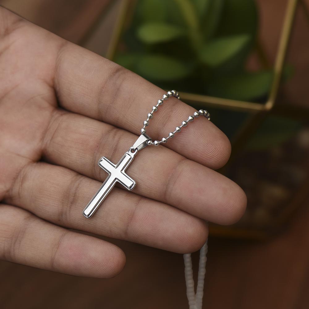 IKE MENS Scripture Collage Stainless Cross Necklace with Ball Chain