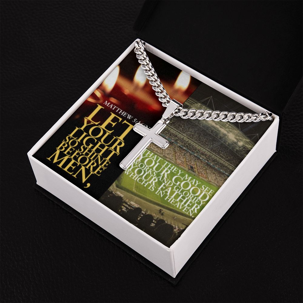 IKE MENS Scripture Collage Artisan Cross Necklace on Cuban Chain