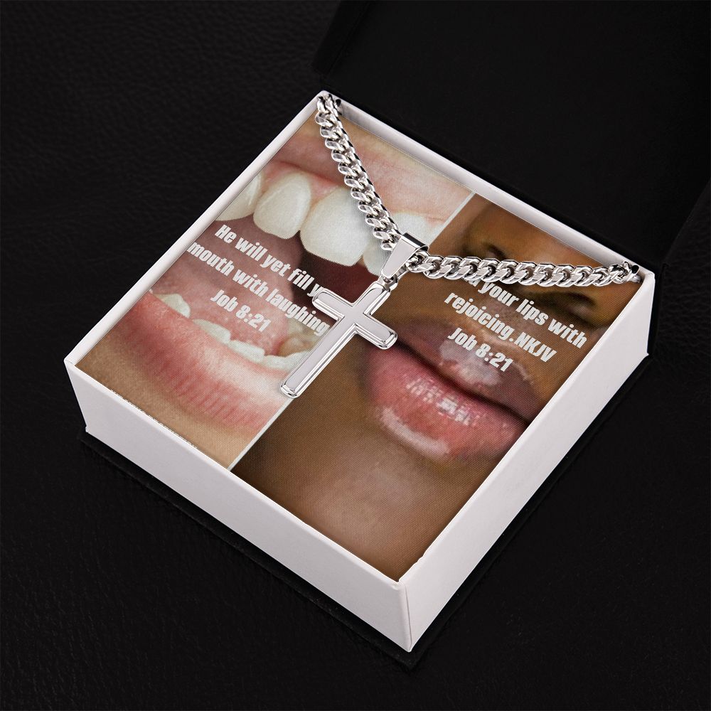 IKE MENS Scripture Collage Artisan Cross Necklace on Cuban Chain
