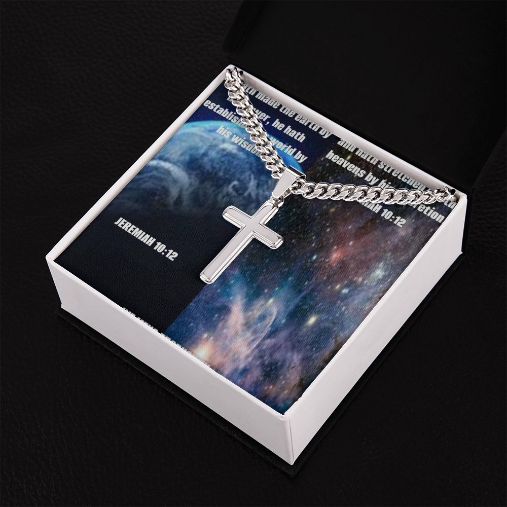 IKE MENS SCRIPTURE COLLAGE Artisan Cross Necklace on Cuban Chain