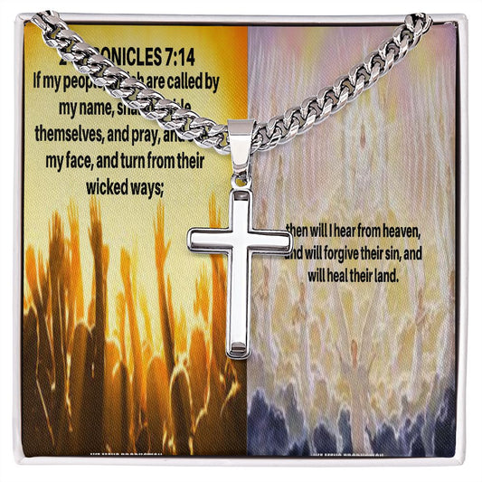 IKE MENS Scripture Collage Artisan Cross Necklace on Cuban Chain