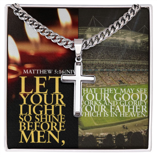 IKE MENS Scripture Collage Artisan Cross Necklace on Cuban Chain