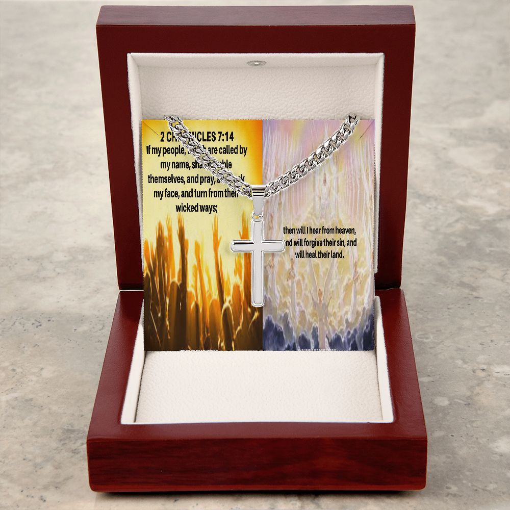 IKE MENS Scripture Collage Artisan Cross Necklace on Cuban Chain