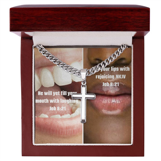 IKE MENS Scripture Collage Artisan Cross Necklace on Cuban Chain