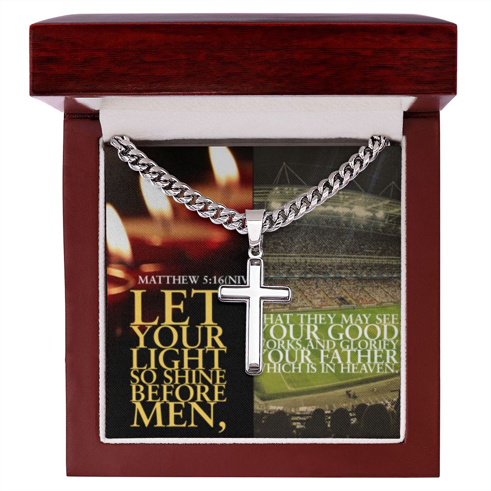 IKE MENS Scripture Collage Artisan Cross Necklace on Cuban Chain