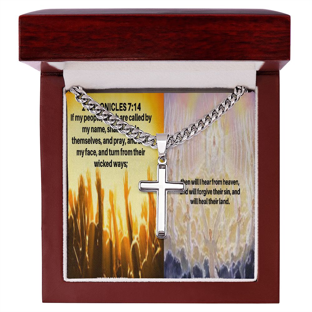 IKE MENS Scripture Collage Artisan Cross Necklace on Cuban Chain