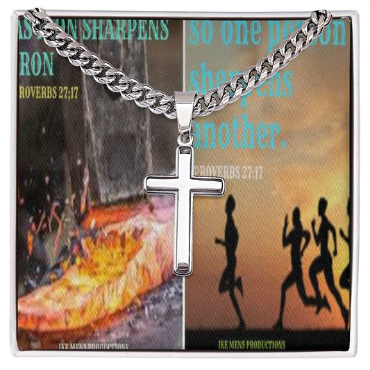 IKE MENS Scripture Collage Artisan Cross Necklace with Cuban Chain
