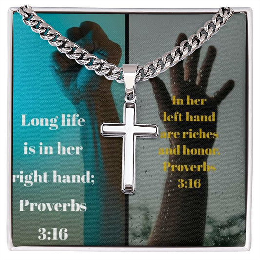 IKE MENS SCRIPTURE COLLAGE Artisan Cross Necklace on Cuban Chain