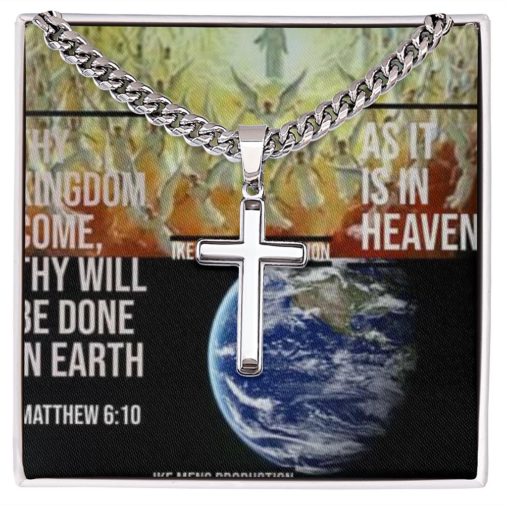 IKE MENS SCRIPTURE COLLAGE Artisan Cross Necklace on Cuban Chain