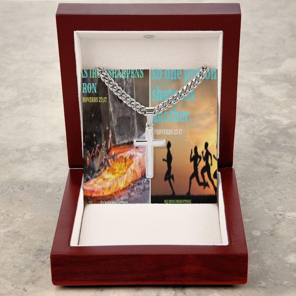IKE MENS Scripture Collage Artisan Cross Necklace with Cuban Chain