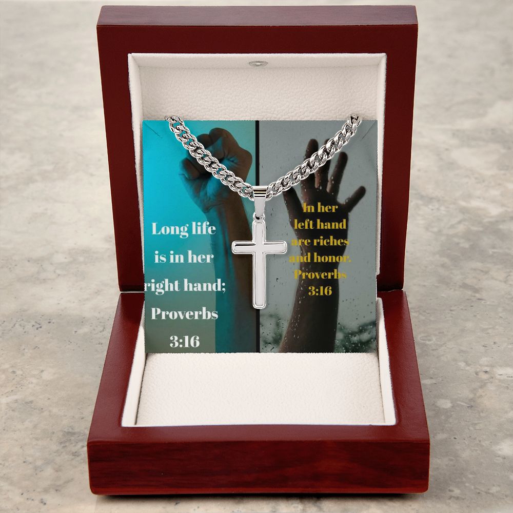 IKE MENS SCRIPTURE COLLAGE Artisan Cross Necklace on Cuban Chain