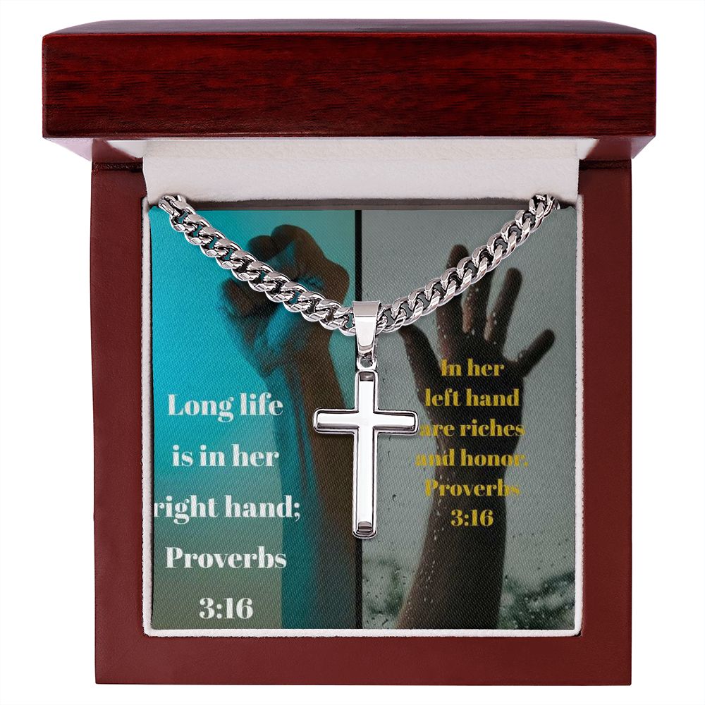 IKE MENS SCRIPTURE COLLAGE Artisan Cross Necklace on Cuban Chain