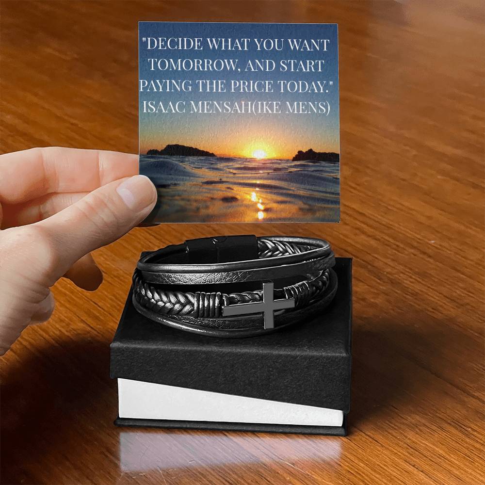 IKE MENS Quote Mens Cross Leather Bracelet