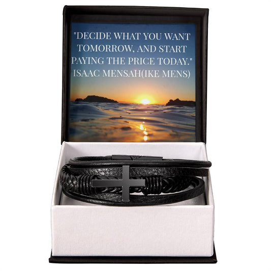 IKE MENS Quote Mens Cross Leather Bracelet