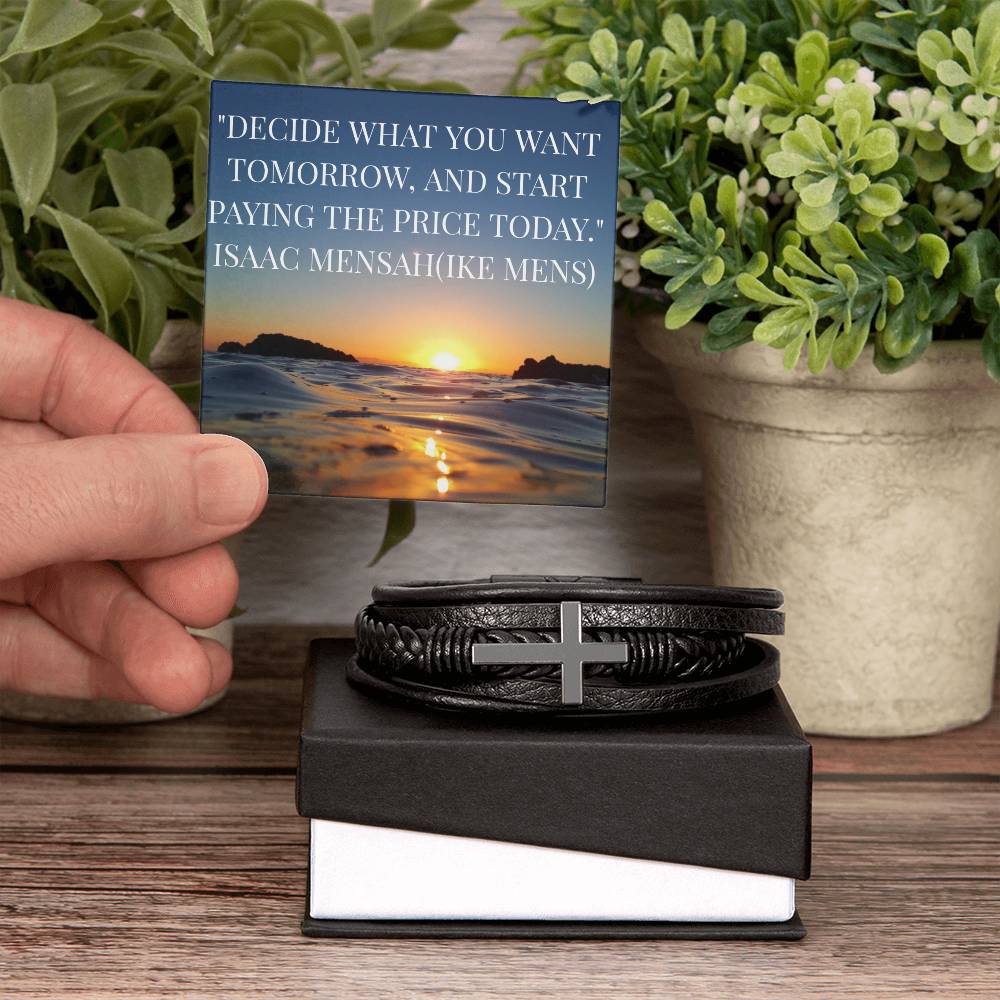 IKE MENS Quote Mens Cross Leather Bracelet
