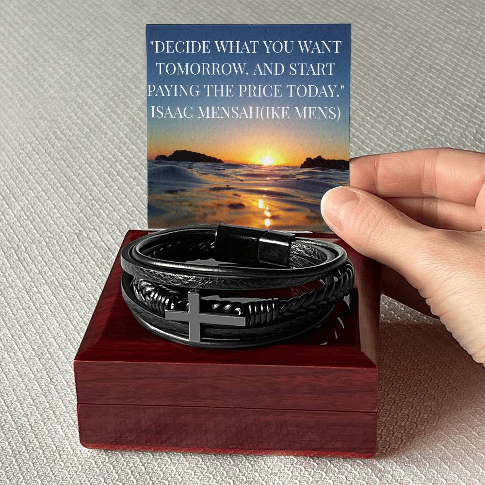 IKE MENS Quote Mens Cross Leather Bracelet