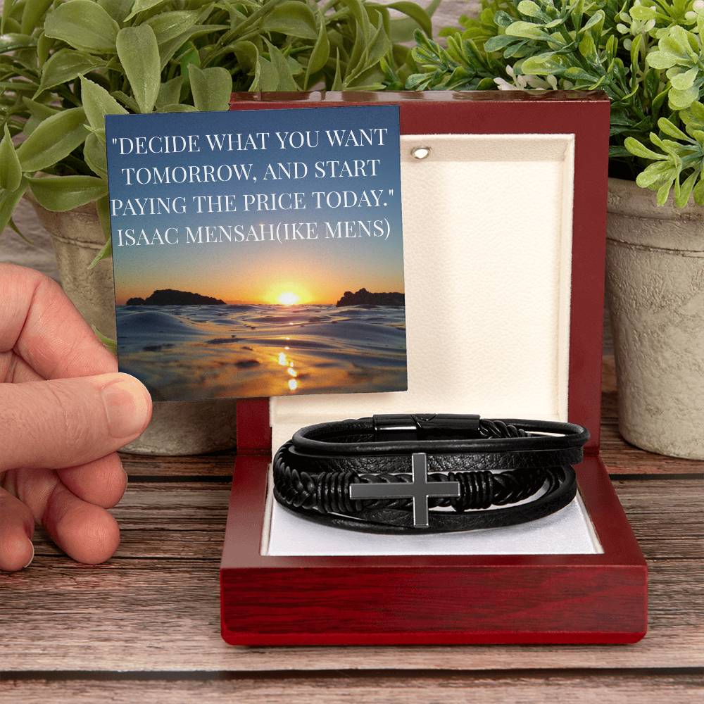 IKE MENS Quote Mens Cross Leather Bracelet