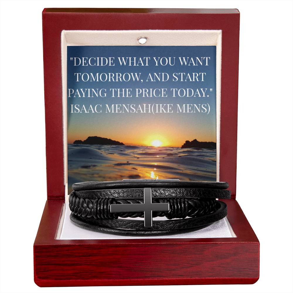IKE MENS Quote Mens Cross Leather Bracelet