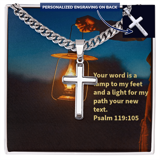 PSALM 119:105 PERSONALIZED CROSS WITH CUBAN LINK CHAIN