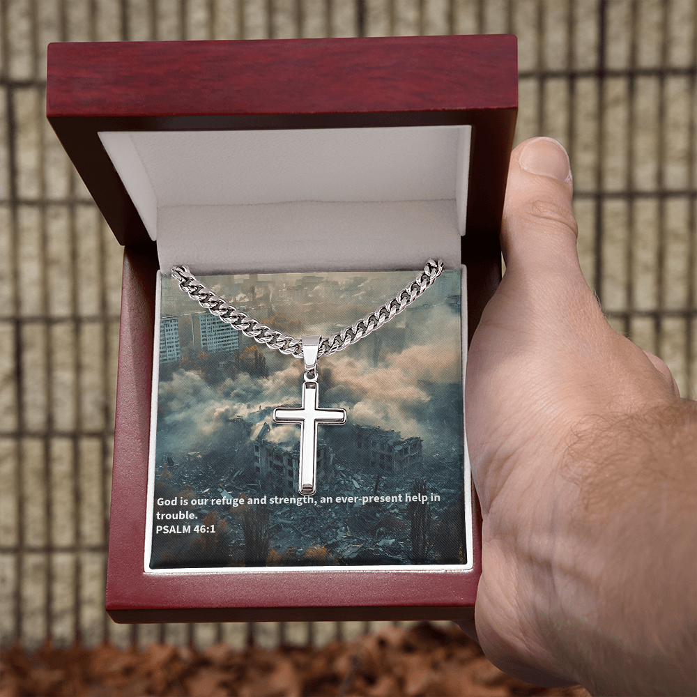 PSALM 46:1 Artisan Cross wIth Cuban Link Chain.