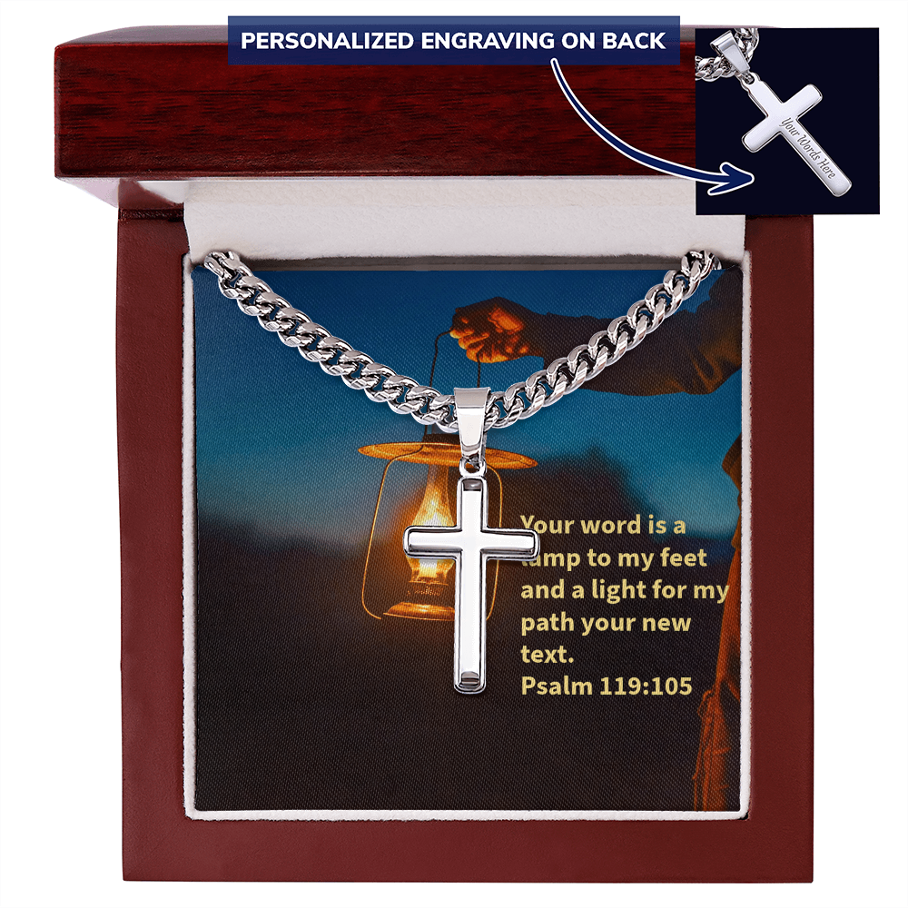 PSALM 119:105 PERSONALIZED CROSS WITH CUBAN LINK CHAIN