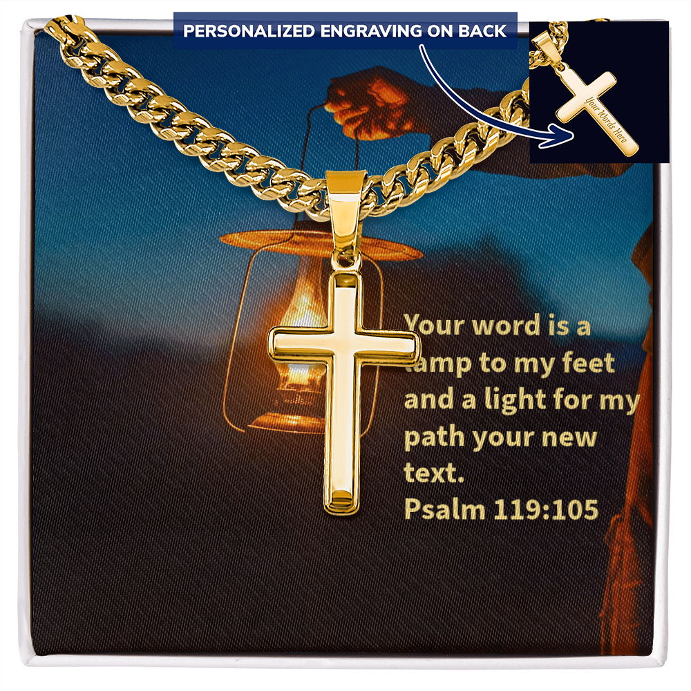 PSALM 119:105 PERSONALIZED CROSS WITH CUBAN LINK CHAIN