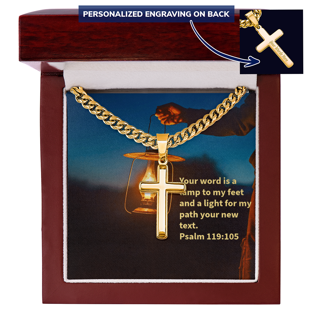 PSALM 119:105 PERSONALIZED CROSS WITH CUBAN LINK CHAIN