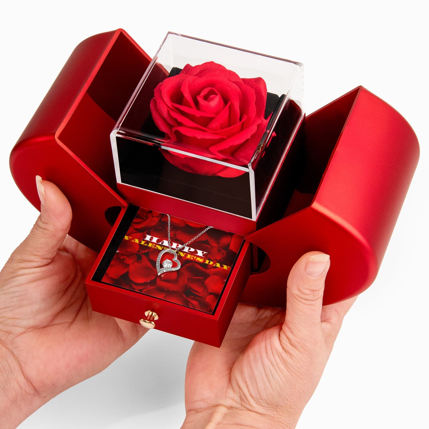 Happy Valentine's Day Forever Love Necklace with Red Heart Rose Box