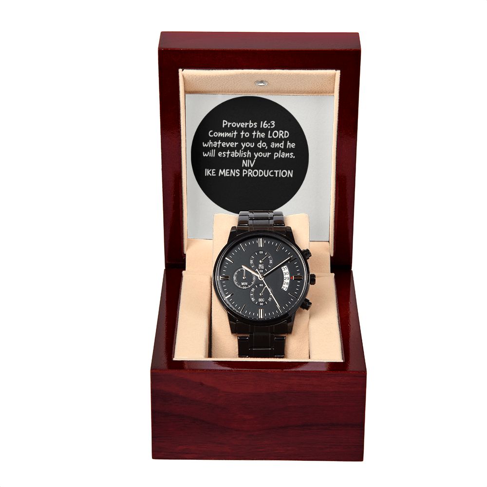 BLACK CHRONOGRAPH WATCH WITH PROVERBS